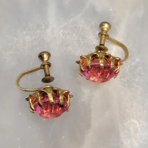 Vintage Pink Rhinestone Screwback Earrings Gold Tone - Picture 3 of 14